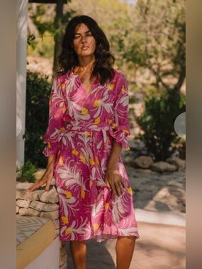 Soler London Eloise Fushia Leaf Cotton Dress Women's S Tie Sash $255